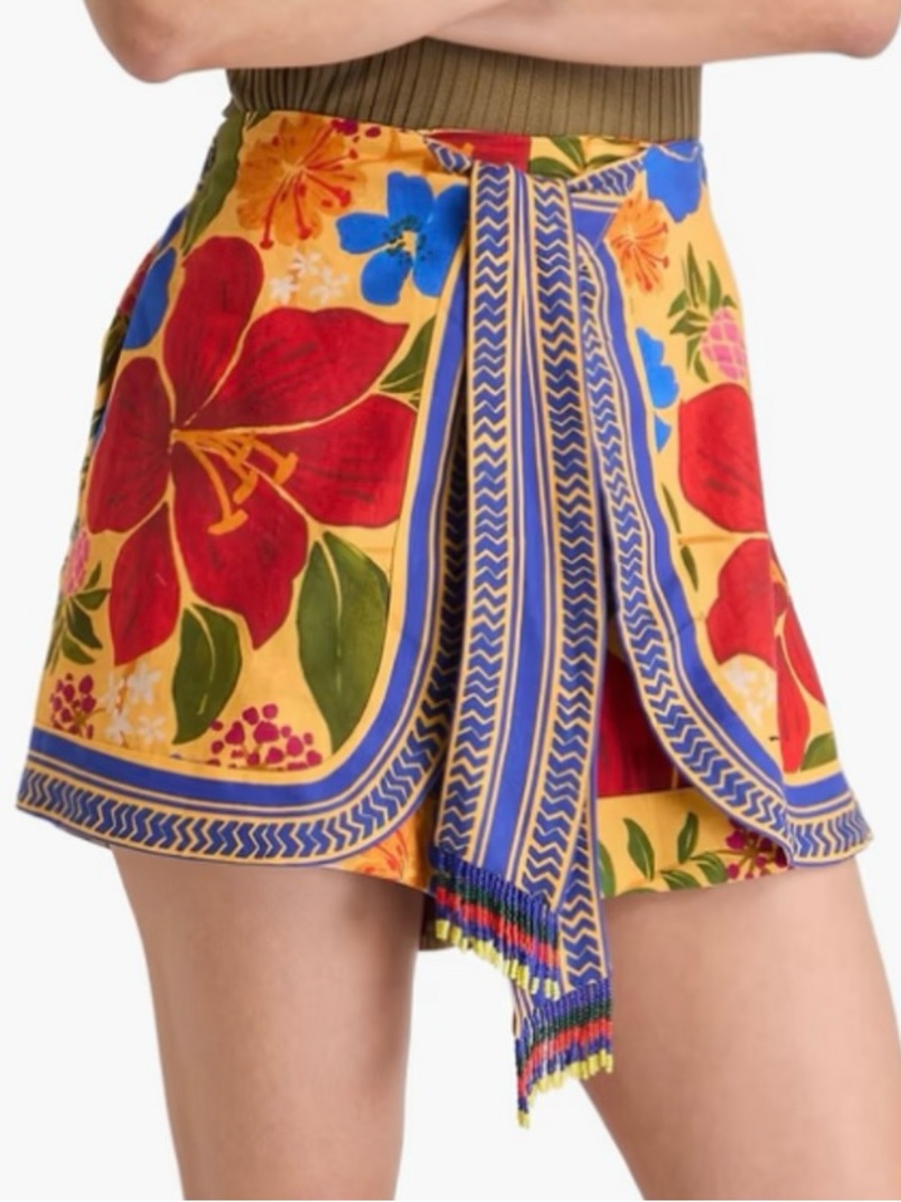 FARM Rio Bead-Embellished Floral Linen Blend Shorts Women’s M Yellow